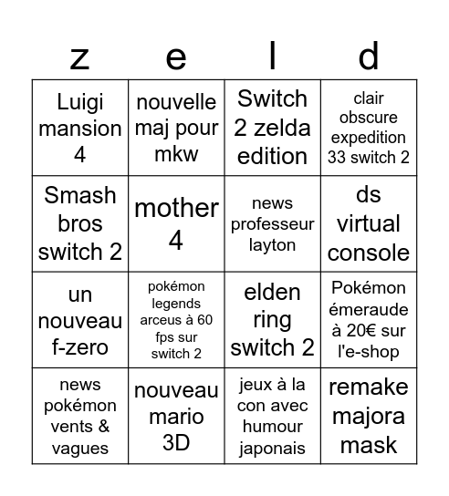 Nintendo direct 09/08/2026 Bingo Card