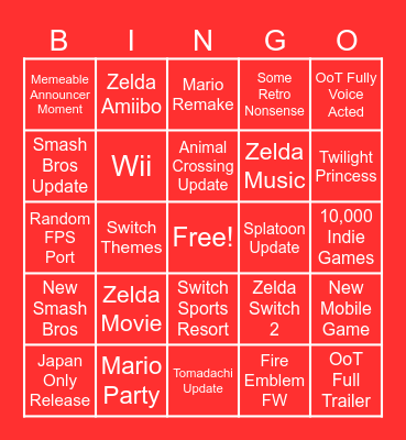 Nintendo Direct Bingo Card