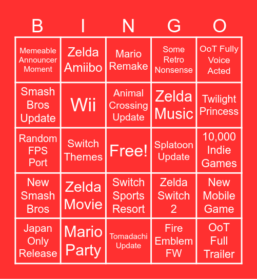 Nintendo Direct Bingo Card