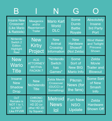 Zelda Direct 9.8 & Nintendo Direct 9.9 - Glubs Bingo Card