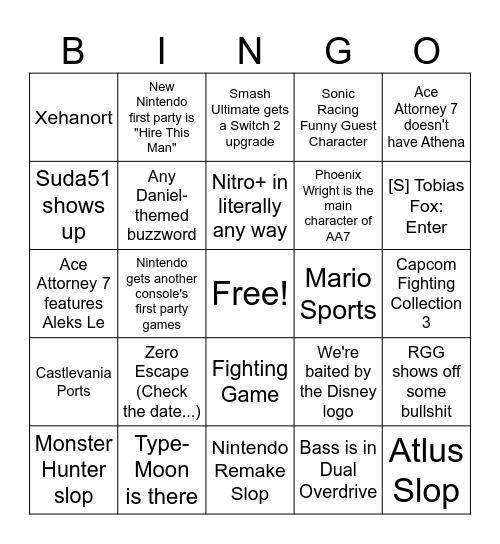 Nintendo Direct 9/9 Bingo Card