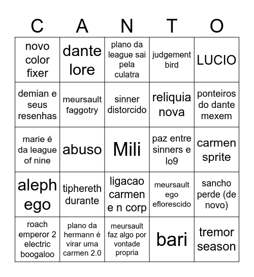 Canto 10 Bingo Card