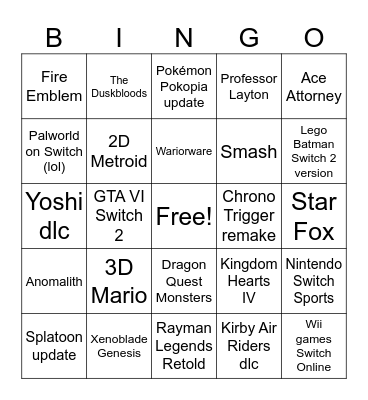 Nintendo Direct 2026 Bingo Card