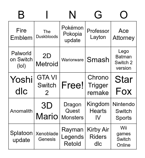 Nintendo Direct 2026 Bingo Card