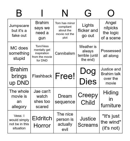 Godfall Horror Movie Bingo Card