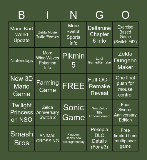 Nintendo Direct(s) Bingo Card