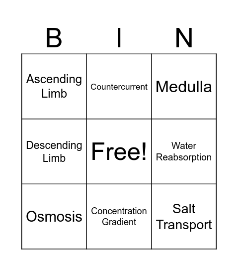 Countercurrent Mechanism Bingo Card