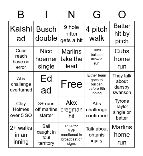 Cubs vs. Marlins Bingo Card