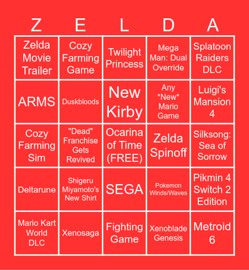 Nintendo Direct / Zelda Direct 9/8,9/26 Bingo Card