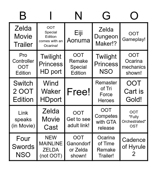 Zelda Direct 9.8.2026 Bingo Card