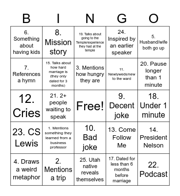Fast Sunday Bingo Card