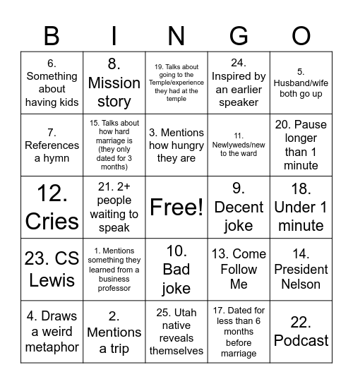 Fast Sunday Bingo Card