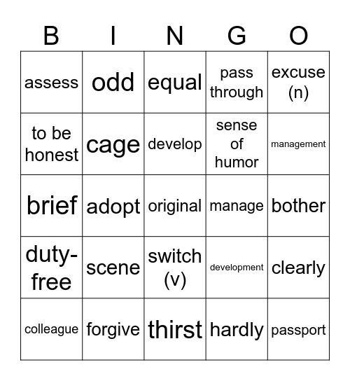 Vocabulary Bingo Card