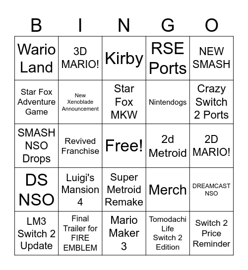 NINTENDO DIRECT Bingo Card