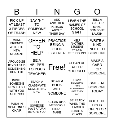 SCHOOL RANDOM ACTS OF KINDNESS Bingo Card