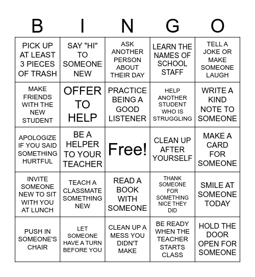 SCHOOL RANDOM ACTS OF KINDNESS Bingo Card