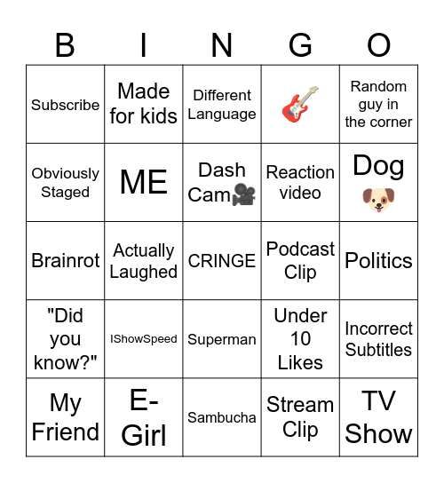 YouTube Shorts Bingo Card