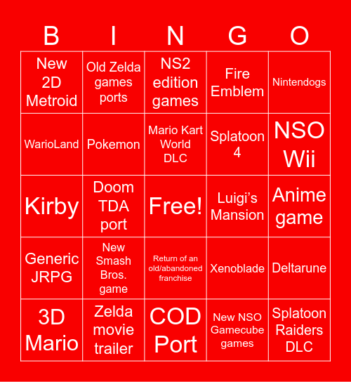 Next 2 Nintendo Directs Bingo Card