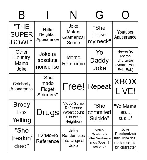 YoMamaRandomizer Bingo Card