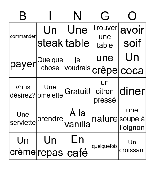 Au Restaurant Bingo Card