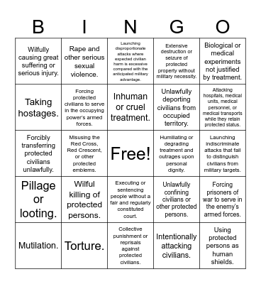 Geneva Convention Bingo Card
