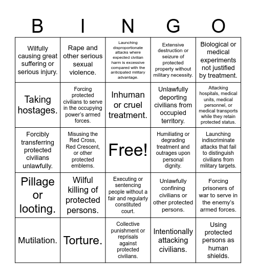 Geneva Convention Bingo Card
