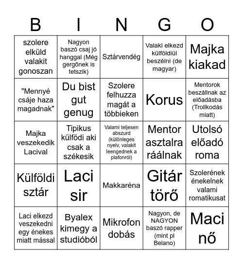 X-Faktor Bingo mangó Bingo Card
