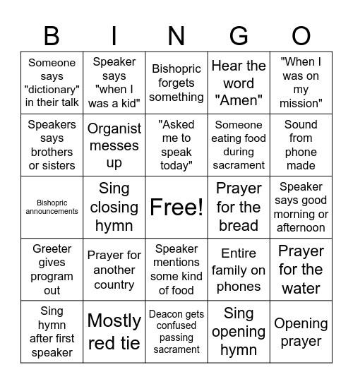 Sacrament Meeting Bingo Card