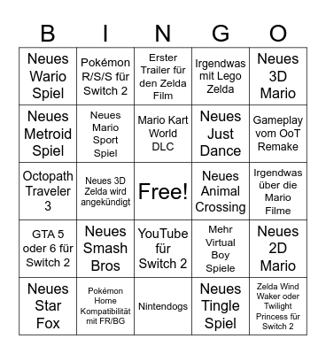 Zelda & Nintendo Direct 8.9.-9.9.26 Bingo Card