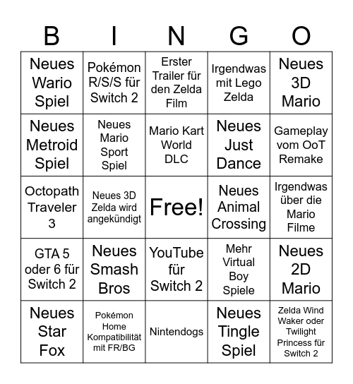Zelda & Nintendo Direct 8.9.-9.9.26 Bingo Card