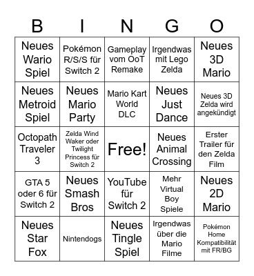 Zelda & Nintendo Direct 8.9.-9.9.26 Bingo Card