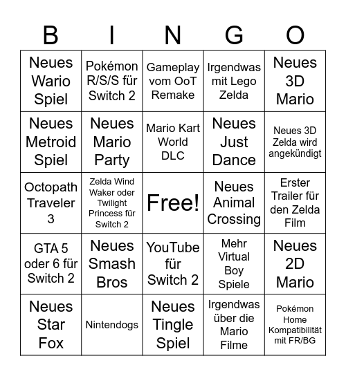Zelda & Nintendo Direct 8.9.-9.9.26 Bingo Card