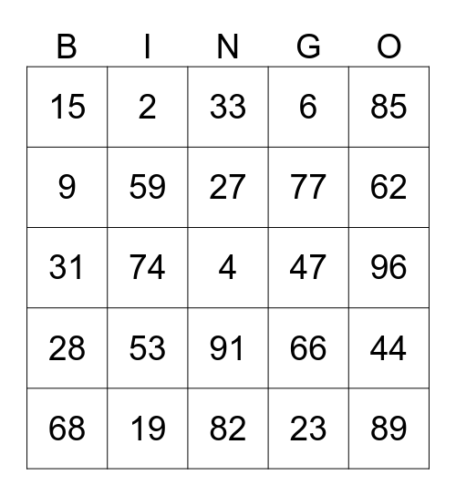 To 100 Bingo Card