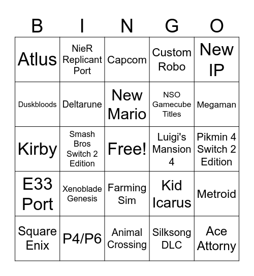 Nintendo Direct 9/9 Bingo Card