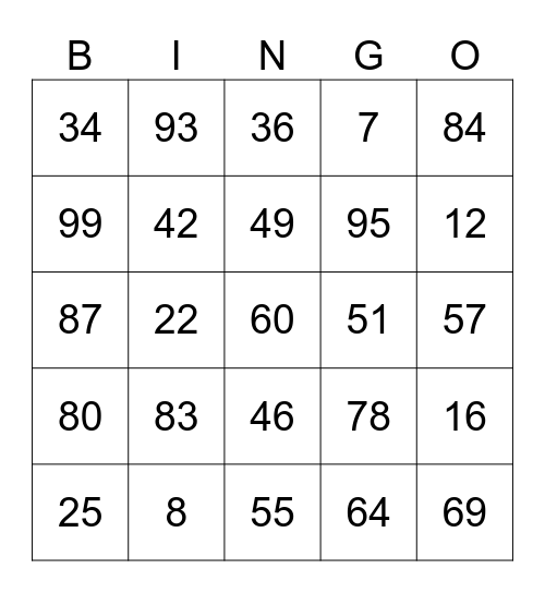 To 100 Bingo Card