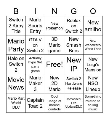 Nintendo Direct 9/9/26 Bingo Card