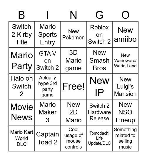 Nintendo Direct 9/9/26 Bingo Card