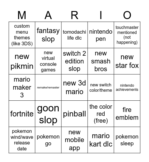 Nintendo Direct (Carrying the Flame) Bingo Card