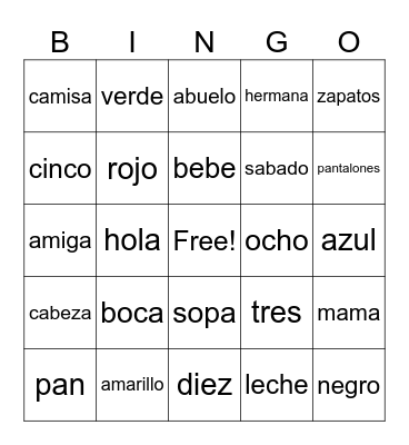 Spanish words Bingo Card