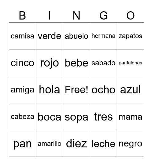 Spanish words Bingo Card