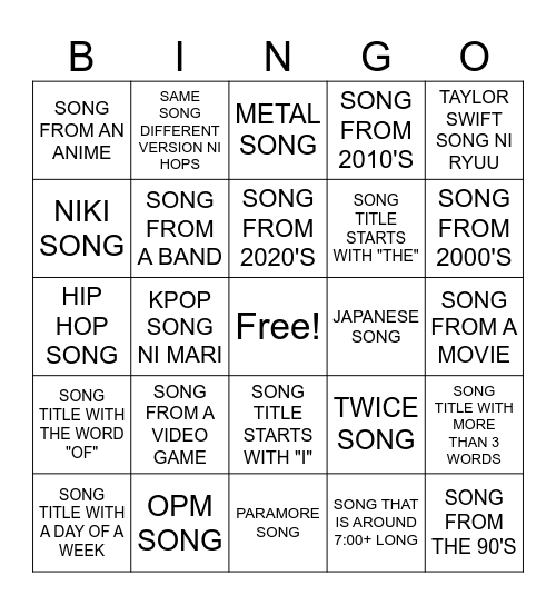 SONG CHALLENGE BINGO Card
