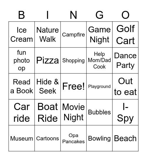 Kegler Family Vacation Bingo Card