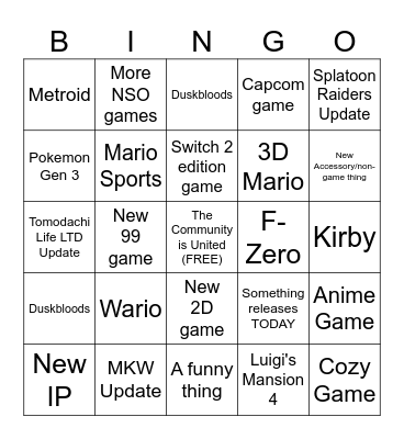 9.2026 Nintendo Direct Bingo Card