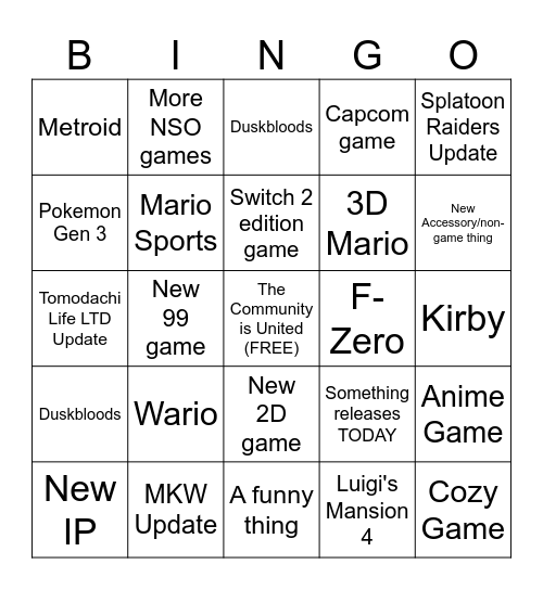 9.2026 Nintendo Direct Bingo Card