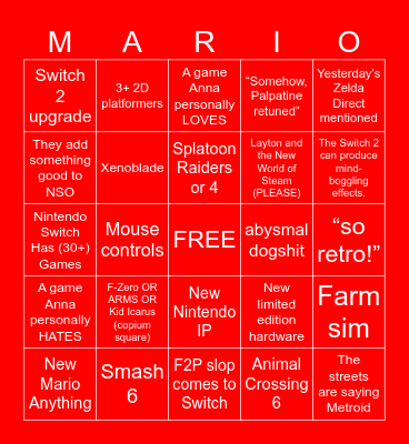 Nintendo Direct 9/9/26 Bingo Card