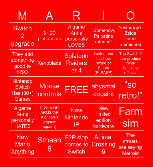 Nintendo Direct 9/9/26 Bingo Card