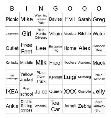 Roadtrip 6th Sept ‘26 Bingo Card