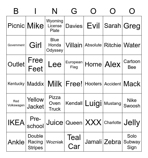 Roadtrip 6th Sept ‘26 Bingo Card