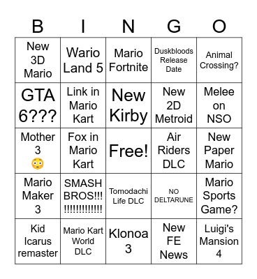 Nintendo Direct 9.9.2 Bingo Card