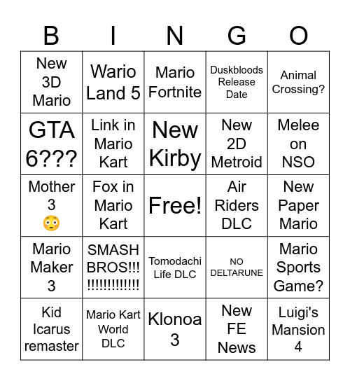 Nintendo Direct 9.9.2 Bingo Card